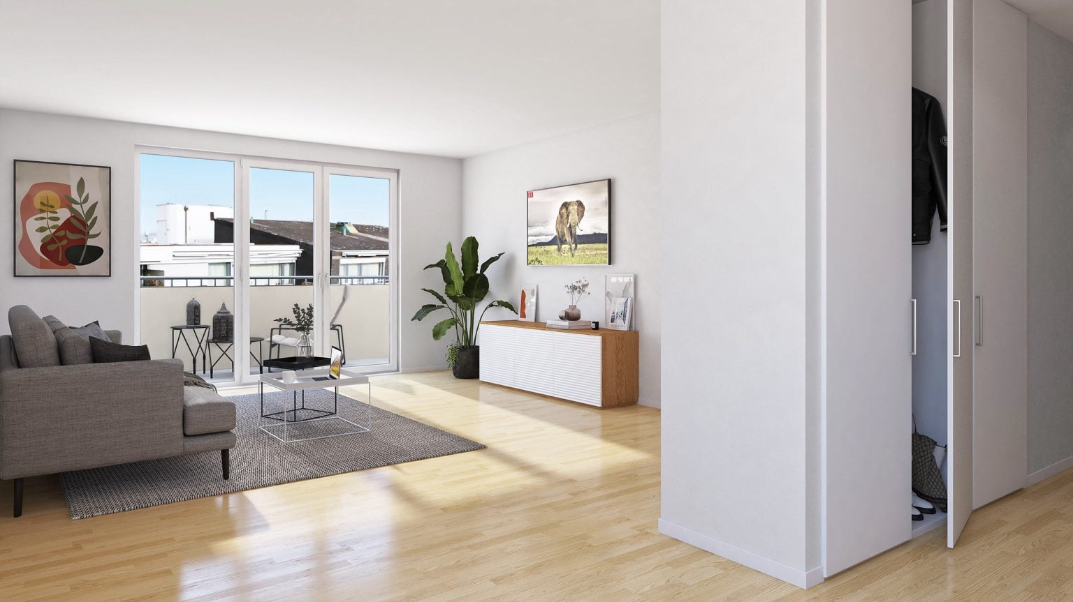 Ein helles, modernes Wohnzimmer von Kokon Immobilien verfügt über helle Holzböden, ein graues Sofa, einen Couchtisch aus Glas, Zimmerpflanzen und große Fenster zum Balkon. Zur minimalistischen Einrichtung gehören gerahmte Kunstwerke und ein stilvolles Sideboard mit Dekorationsartikeln.